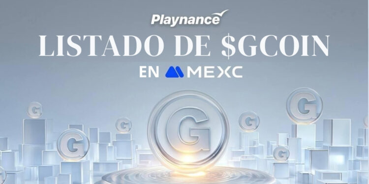 Banner promocional: Playnance anuncia el listado de $GCOIN en MEXC, con monedas con la letra G alrededor de la composición