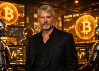 Michael Saylor en un centro de finanzas con operadores de inteligencia artificial.