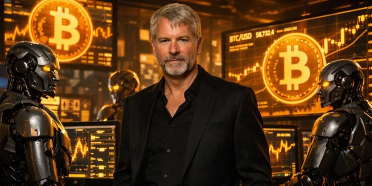 Michael Saylor en un centro de finanzas con operadores de inteligencia artificial.