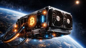 Un ASIC de Bitcoin flotando en el espacio exterior.