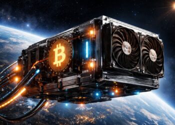 Un ASIC de Bitcoin flotando en el espacio exterior.