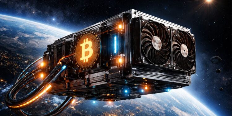 Un ASIC de Bitcoin flotando en el espacio exterior.