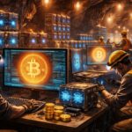 Mineros de Bitcoin trabajando en una cueva.