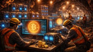 Mineros de Bitcoin trabajando en una cueva.