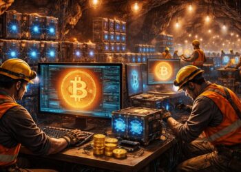Mineros de Bitcoin trabajando en una cueva.