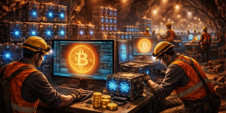 Mineros de Bitcoin trabajando en una cueva.
