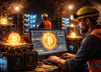 Mineros de Bitcoin operando en un centro de computación.