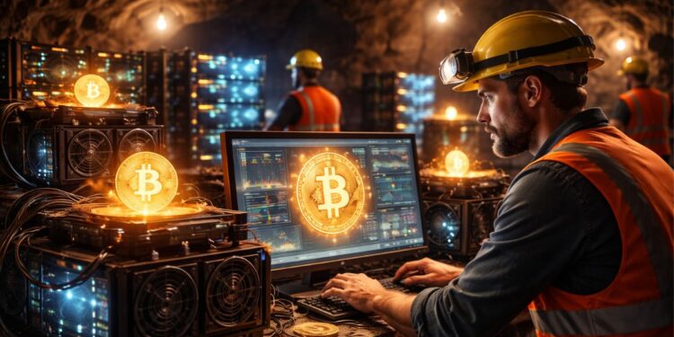 Mineros de Bitcoin operando en un centro de computación.