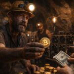 Un minero en una cueva vendiendo monedas de BTC.
