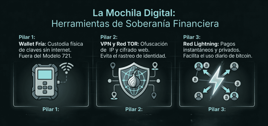 Una infografía muestra las herramientas digitales que utiliza un bitcoiner español para preservar su privacidad.