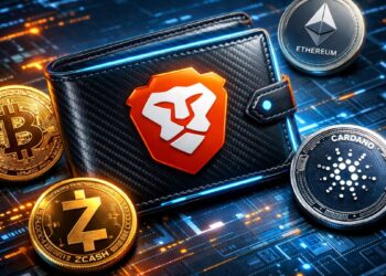 Una billetera con el logo del navegador Brave junto a criptoactivos como BTC, ETC, ZEC.