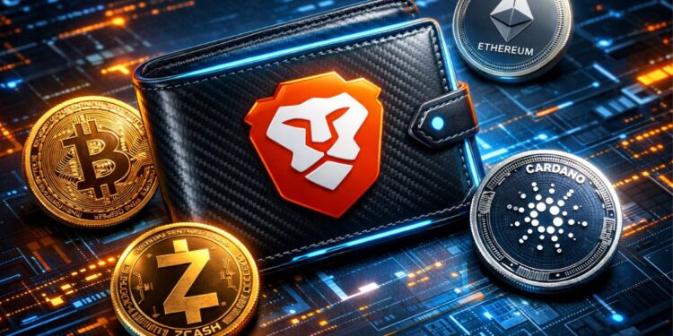 Una billetera con el logo del navegador Brave junto a criptoactivos como BTC, ETC, ZEC.