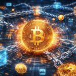 Una moneda de Bitcoin moviendose en la red.