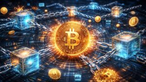 Una moneda de Bitcoin moviendose en la red.