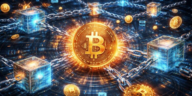 Una moneda de Bitcoin moviendose en la red.