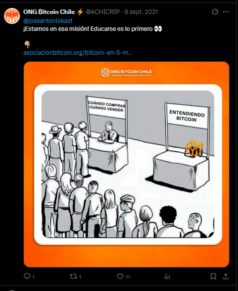 Una publicación en X de la ONG Bitcoin Chile en respuesta al actual presidente de Chile José Antonio Kast.