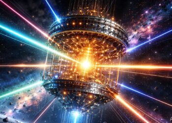 Una computadora cuántica emitiendo rayos laser.