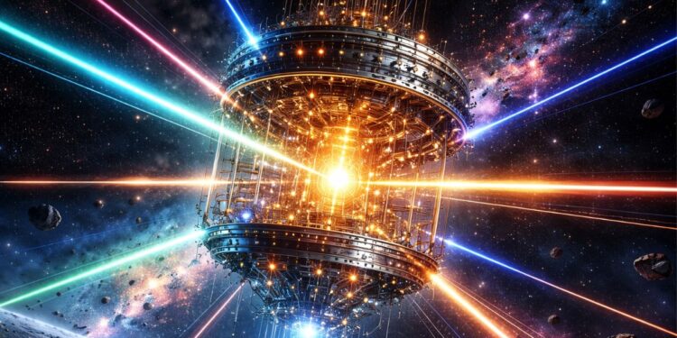 Una computadora cuántica emitiendo rayos laser.