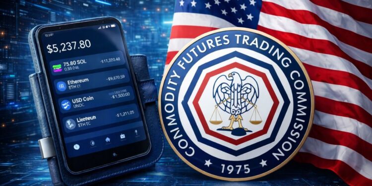 Un dispositivo con un wallet de criptomonedas junto al logo de la CFTC y la bandera de EE.UU.