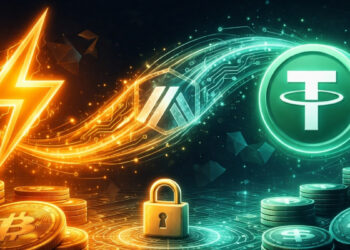 Ilustración de intercambio entre bitcoin en Lightning y USDT mediante swaps atómicos sin custodia.