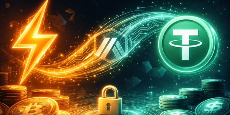 Ilustración de intercambio entre bitcoin en Lightning y USDT mediante swaps atómicos sin custodia.