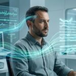 figura de un hombre frente a una computadora enviando y recibiendo señales de su cerebro.