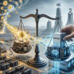 una balanaza que en un lado tiene unas monedas de bitcoin y en otra billeres de dólares. En el fondo de ve una granja de minería de bitcoin.