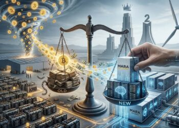 una balanaza que en un lado tiene unas monedas de bitcoin y en otra billeres de dólares. En el fondo de ve una granja de minería de bitcoin.