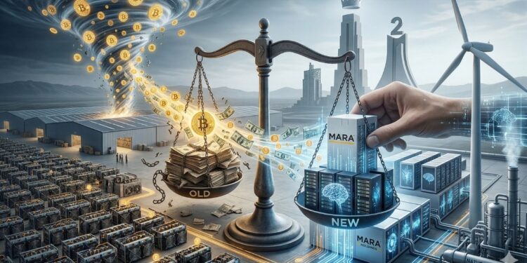 una balanaza que en un lado tiene unas monedas de bitcoin y en otra billeres de dรณlares. En el fondo de ve una granja de minerรญa de bitcoin.