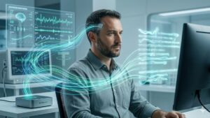 figura de un hombre frente a una computadora enviando y recibiendo señales de su cerebro.