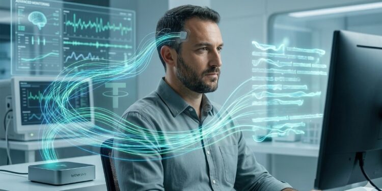 figura de un hombre frente a una computadora enviando y recibiendo señales de su cerebro.