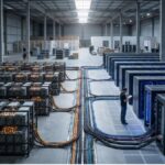 Centro de datos híbrido mostrando la transición tecnológica entre equipos de minería de Bitcoin e infraestructura para Inteligencia Artificial.