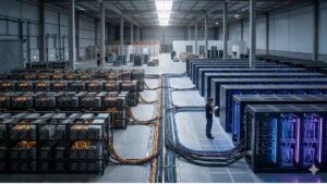 Centro de datos híbrido mostrando la transición tecnológica entre equipos de minería de Bitcoin e infraestructura para Inteligencia Artificial.