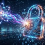 Ataque de computaciรณn cuรกntica rompiendo la seguridad de Bitcoin. Un candado digital de BTC con cadenas de cรณdigo se desintegra bajo un rayo de energรญa atรณmica conceptual.
