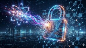 Ataque de computación cuántica rompiendo la seguridad de Bitcoin. Un candado digital de BTC con cadenas de código se desintegra bajo un rayo de energía atómica conceptual.