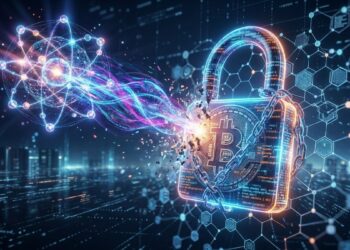 Ataque de computación cuántica rompiendo la seguridad de Bitcoin. Un candado digital de BTC con cadenas de código se desintegra bajo un rayo de energía atómica conceptual.