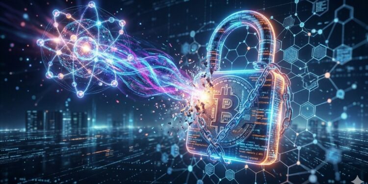 Ataque de computación cuántica rompiendo la seguridad de Bitcoin. Un candado digital de BTC con cadenas de código se desintegra bajo un rayo de energía atómica conceptual.