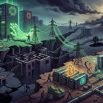 Infraestructura de IA y Bitcoin unida por deuda y energรญa en un abismo financiero. Visual de centros de datos, minerรญa y riesgo econรณmico sistรฉmico.