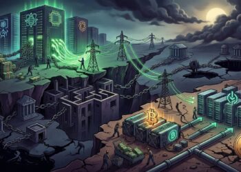 Infraestructura de IA y Bitcoin unida por deuda y energía en un abismo financiero. Visual de centros de datos, minería y riesgo económico sistémico.