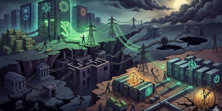 Infraestructura de IA y Bitcoin unida por deuda y energía en un abismo financiero. Visual de centros de datos, minería y riesgo económico sistémico.