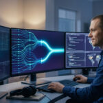 "Investigador técnico analizando datos de la red de Bitcoin y la convergencia de bloques en una estación de trabajo avanzada.