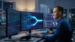 "Investigador técnico analizando datos de la red de Bitcoin y la convergencia de bloques en una estación de trabajo avanzada.