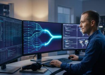 "Investigador técnico analizando datos de la red de Bitcoin y la convergencia de bloques en una estación de trabajo avanzada.