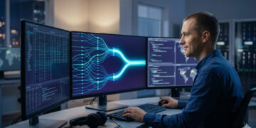 "Investigador técnico analizando datos de la red de Bitcoin y la convergencia de bloques en una estación de trabajo avanzada.