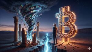 Foto de un huracán a lado de una B de Bitcoin y con Saylor en medio.