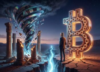 Foto de un huracán a lado de una B de Bitcoin y con Saylor en medio.