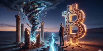 Foto de un huracán a lado de una B de Bitcoin y con Saylor en medio.