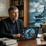Nick Szabo trabajando en una laptop con gráficos de la red Bitcoin, junto a una ilustración de buques de guerra escoltando lingotes de oro para representar la evolución de la seguridad financiera.