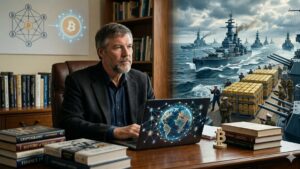 Nick Szabo trabajando en una laptop con gráficos de la red Bitcoin, junto a una ilustración de buques de guerra escoltando lingotes de oro para representar la evolución de la seguridad financiera.