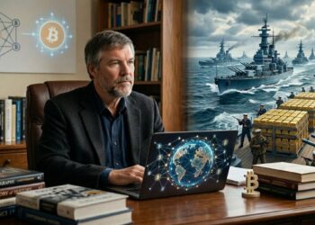 Nick Szabo trabajando en una laptop con gráficos de la red Bitcoin, junto a una ilustración de buques de guerra escoltando lingotes de oro para representar la evolución de la seguridad financiera.
